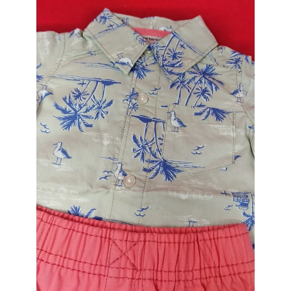 Carter's Boy's 2-Piece Shorts Shirt Set Palm Trees Size 3 Months Pink Green NEW